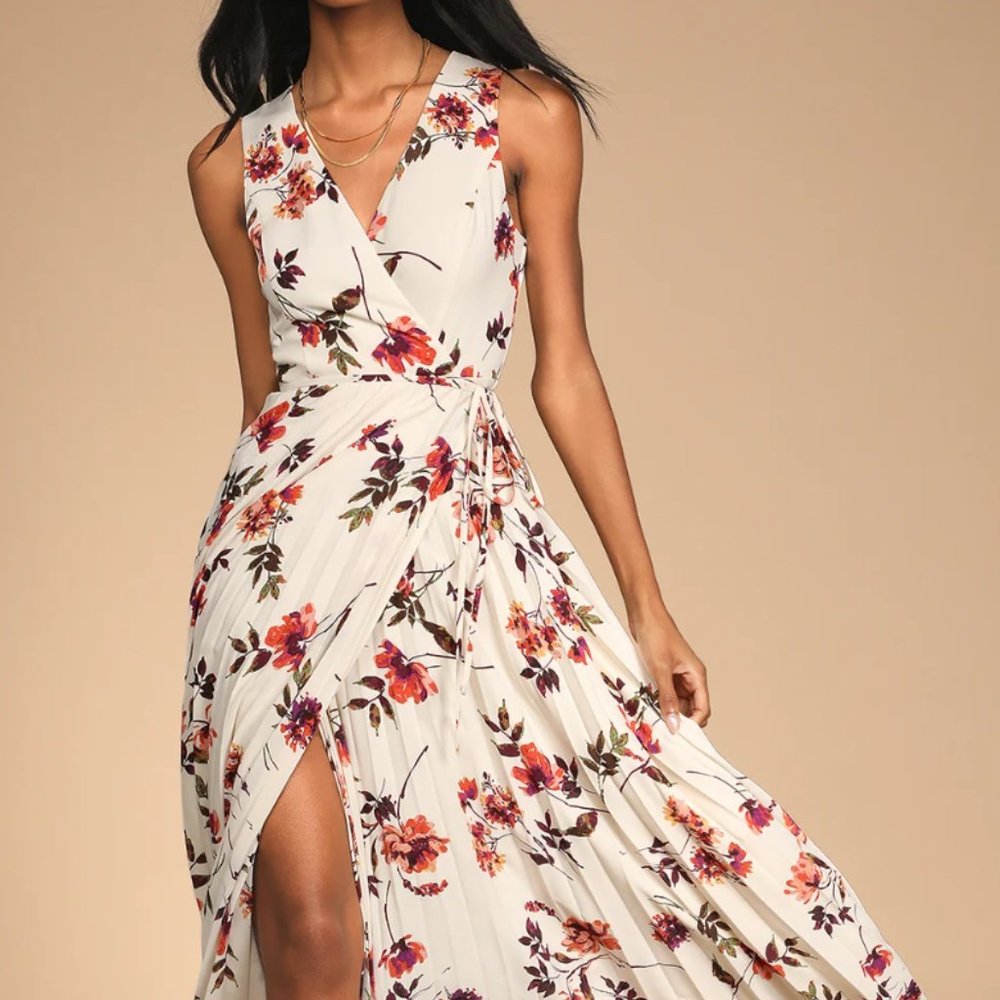 Lulu's Ivory Multi Floral Print Pleated Wrap Maxi Dress